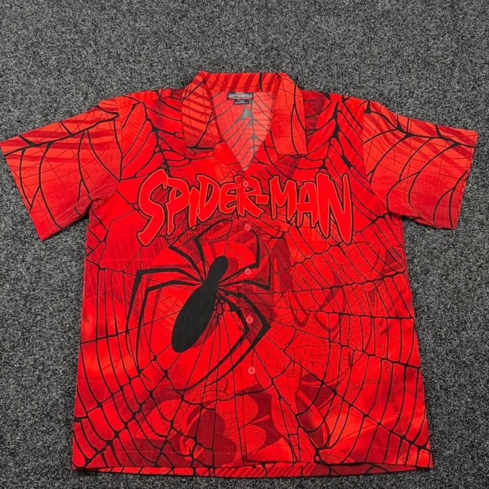 Vintage 2002 Marvel Spider-Man AOP Web Graphic Button Down Shirt Size Large Red